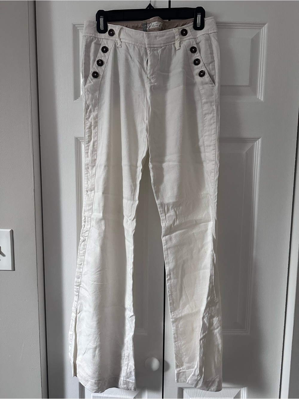 Anthropologie White Linen-Blend Button Detail Trousers